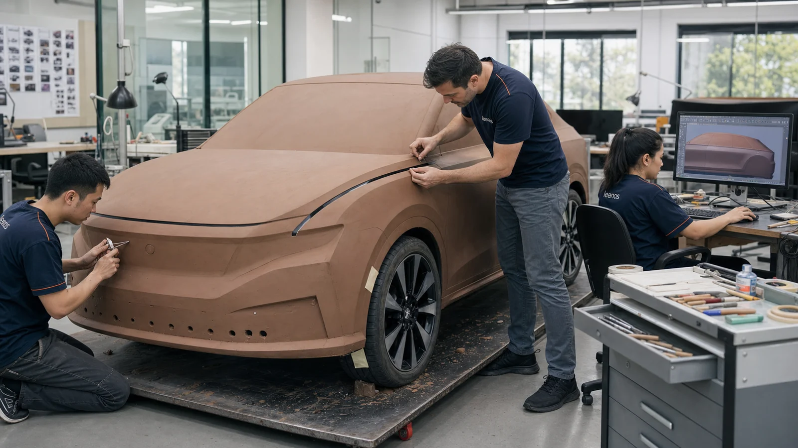 Automotive designers working with a styling model and sketches in a studio