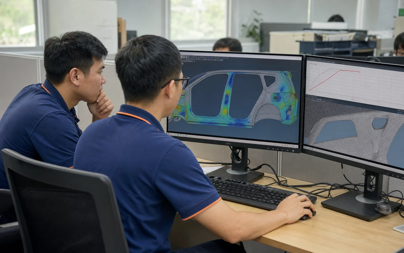 Engineering team reviewing automotive CAE simulation results