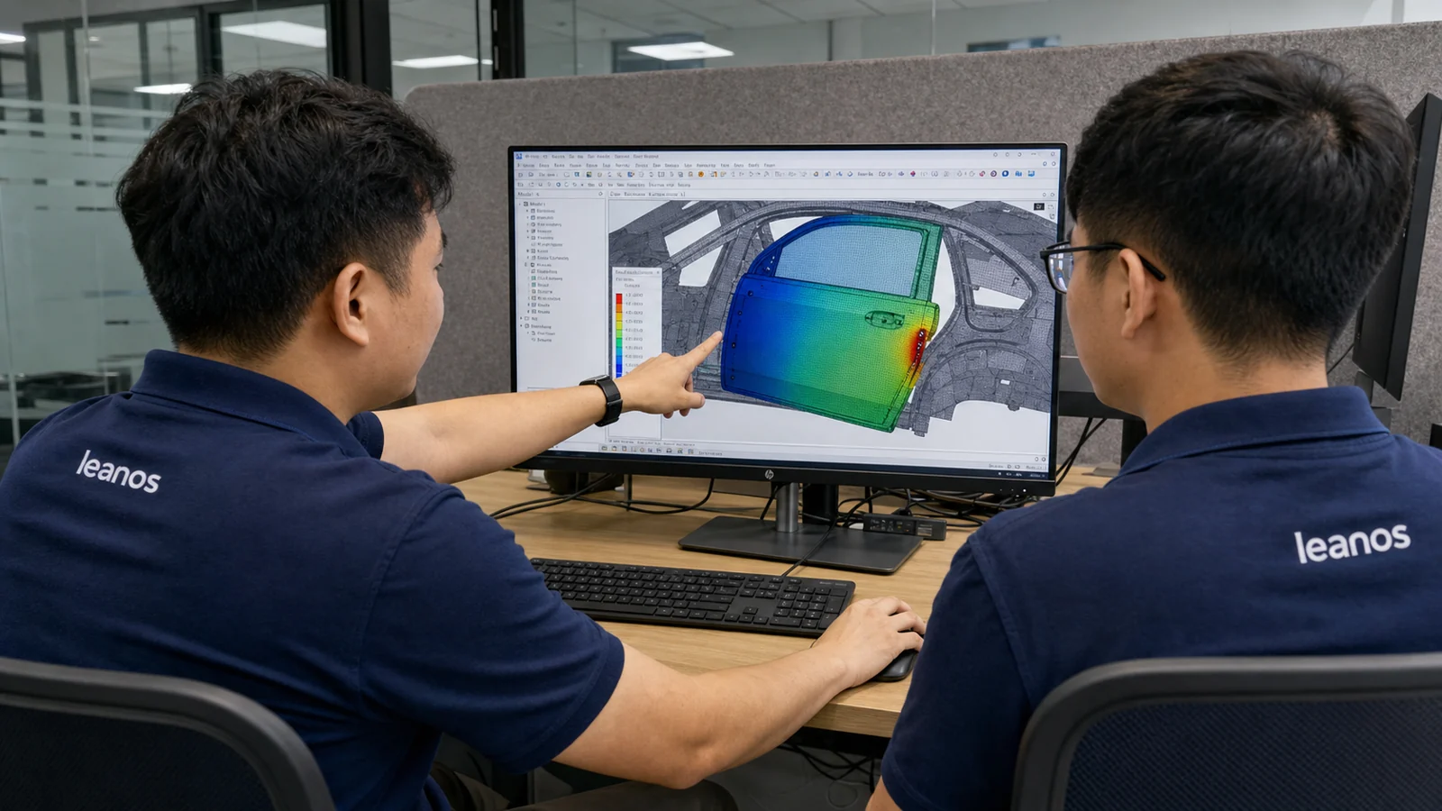 Nhóm kỹ sư đánh giá kết quả mô phỏng CAE của kết cấu ô tô