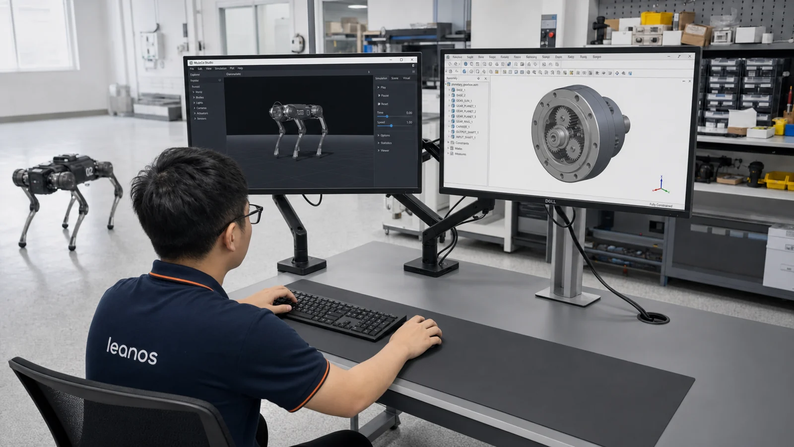 Kỹ sư robot làm việc với mô phỏng MuJoCo, thiết kế CAD và phần cứng điều khiển