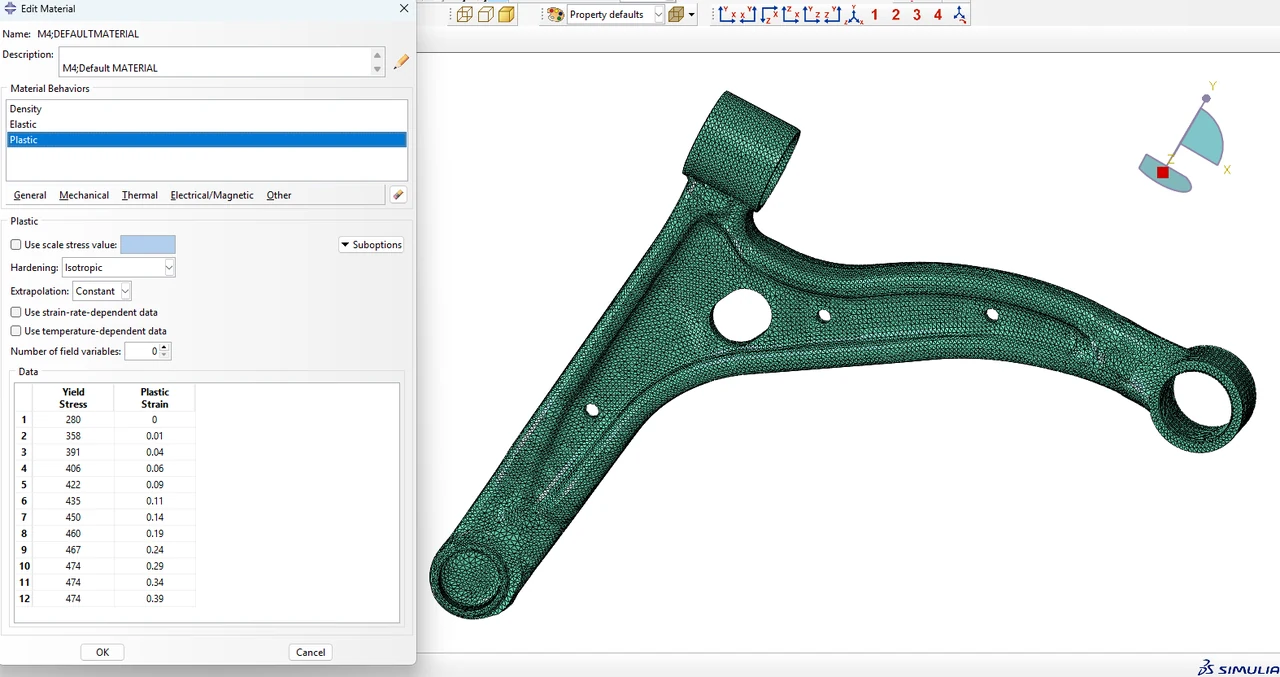 Plastic material definition and finite-element mesh of an automotive control arm.
