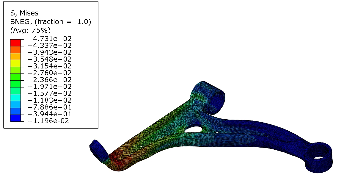 Von Mises stress distribution on an automotive control arm in nonlinear FEA.