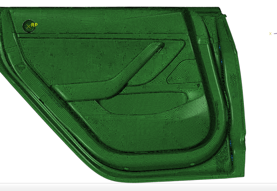 Finite-element mesh of an automotive door assembly prepared for door denting analysis.