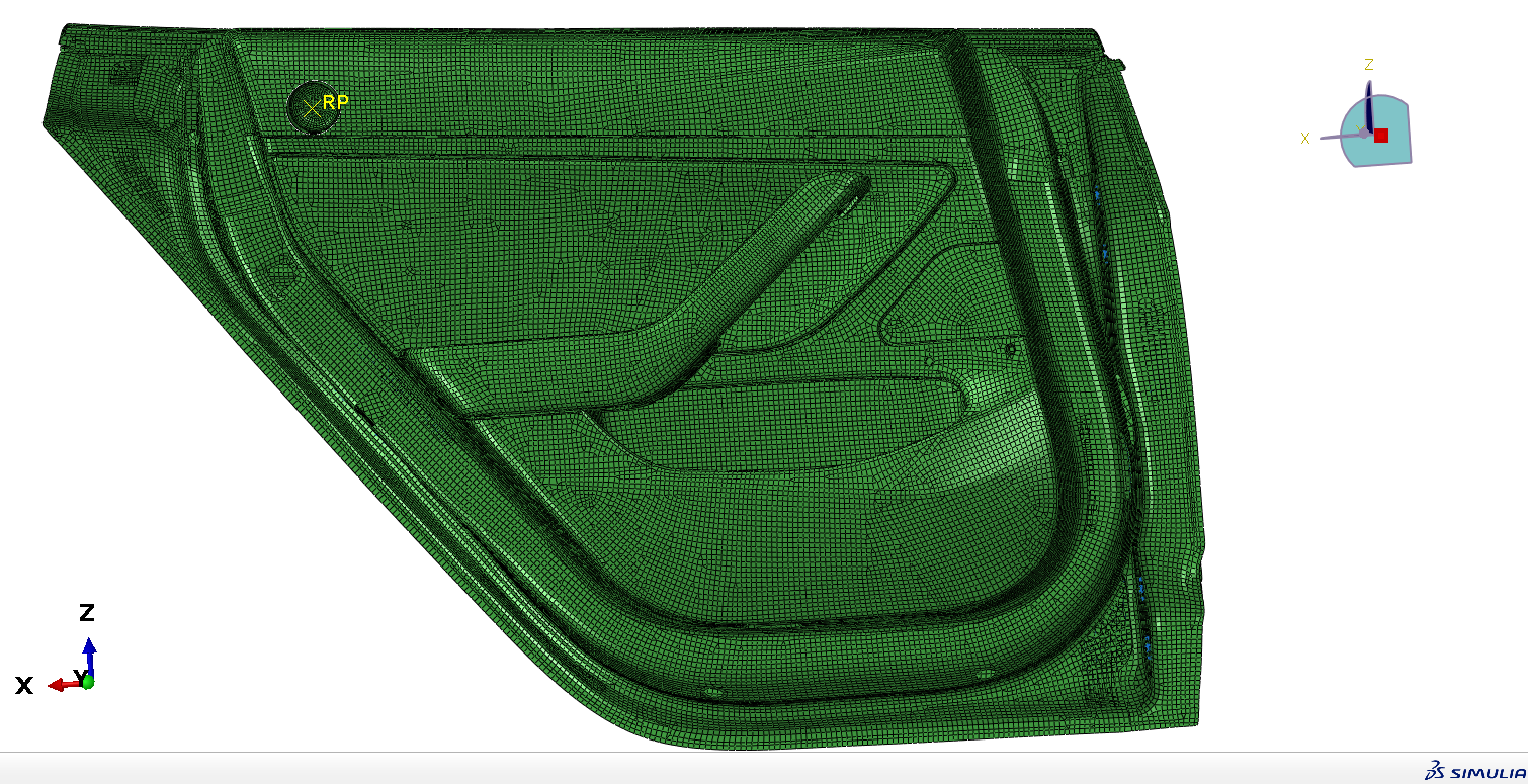Finite-element mesh of an automotive door assembly prepared for door denting analysis.