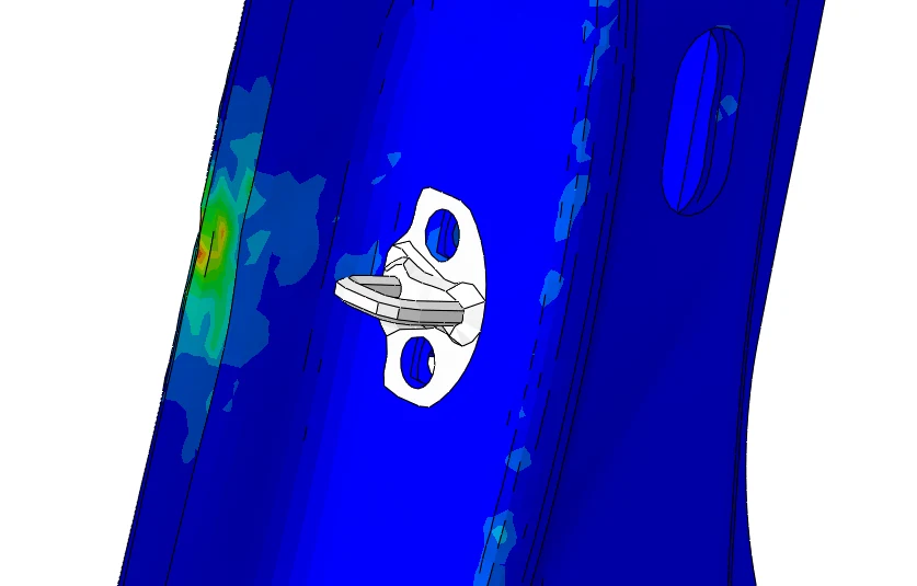 Transient stress concentration around the door latch during a door slam simulation.
