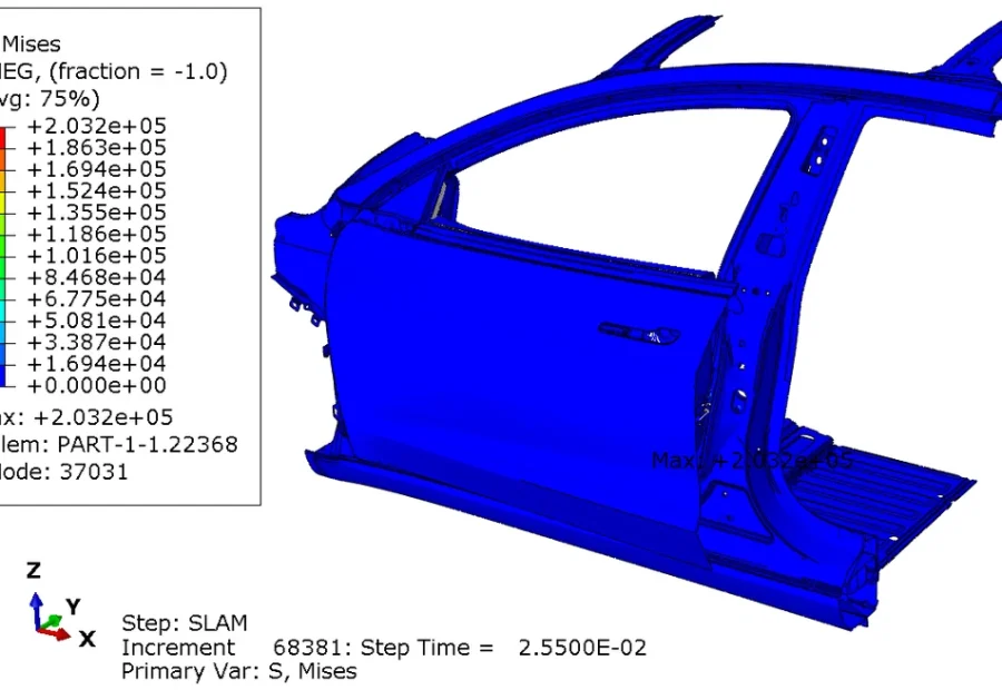 Trường ứng suất von Mises trong mô phỏng đóng cửa xe bằng Abaqus Explicit.